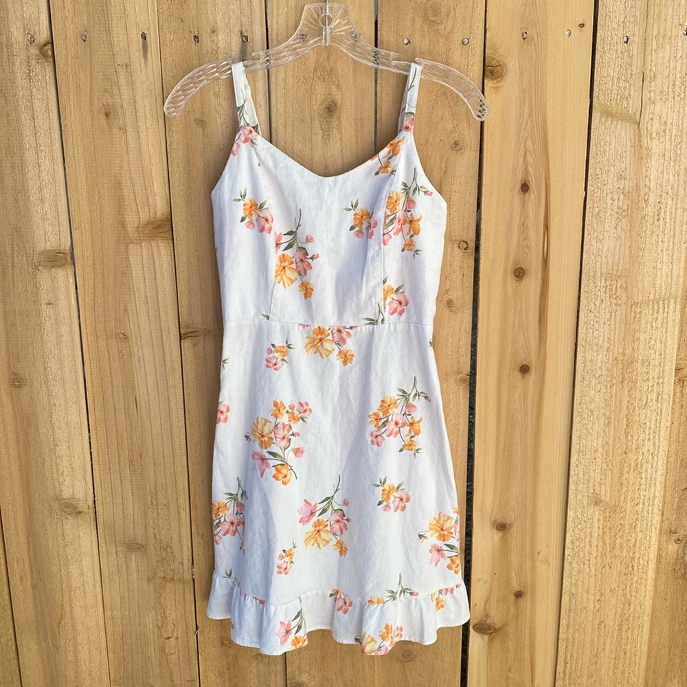 Old Navy Women's Small Linen Sundress White Pink Floral Mini Spaghetti Strap
